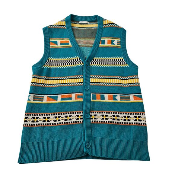 Zara Sweater Vest Mens Medium Teal Green‎ Jacquard Knit V-Neck Button Front NWOT - Picture 1 of 6